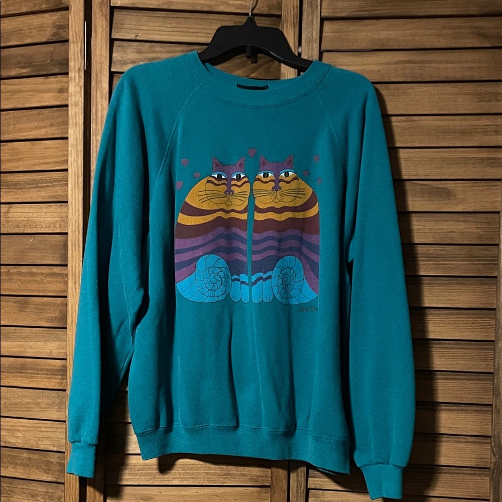 Laurel Burch Teal Cat Design Crewneck Sweatshirt